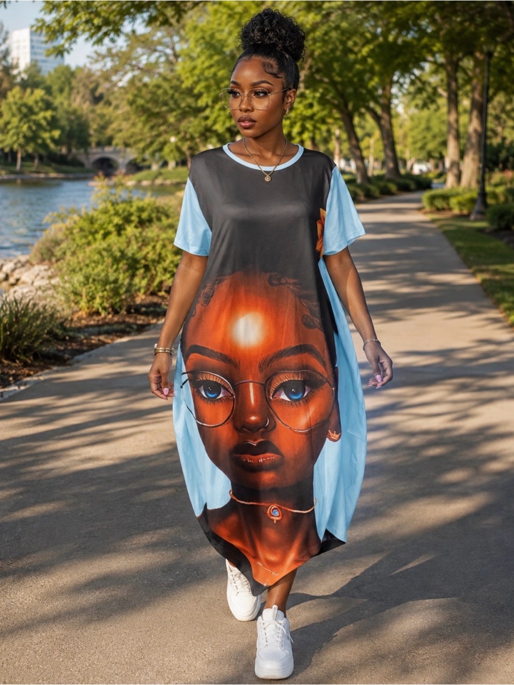 Graphic Face Print Maxi Dress in Light Blue and Black